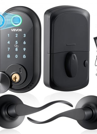 Fingerprint Door Lock Set, Electronic Biometric Deadbolt Keyless Entry Door Lock with Handle, Touchscreen, Auto Locking, One-Time Code, Anti-Peeking Password, IC Cards, for Home, Matte Black