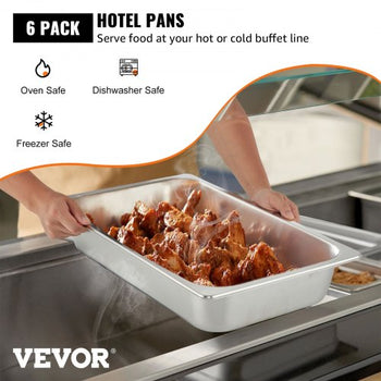 6 Pack Steam Table Pans 20.9 x 12.8 x 3.9 Inch Deep Steam Table Pan Full Size 13L Deep Food Container Stainless Steel Oven Tray Hotel Pans Anti-Jam Steam Table Food Pan