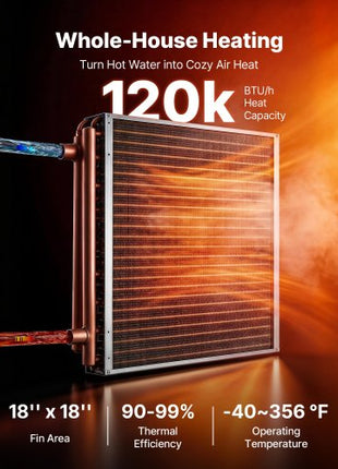 Water to Air Heat Exchanger, 18 x 18 in Finned Tube HVAC Heat Exchanger Coil with Copper Tubes & Aluminum Fins, 120K BTU Output for Outdoor Wood Furnace, Hydronic Heating & Cooling Systems