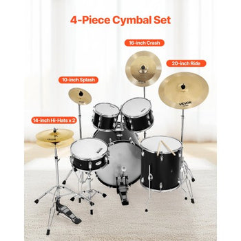 Cymbal Pack, 4 Pieces Cymbals for Drum Set, Alloy Cymbals Drum Set Includes 14-inch Hi-Hats, 16-inch Crash, 20-inch Ride, 10-inch Splash, Drumsticks & Cymbal Bag, Alloy Cymbal Pack for Drummer
