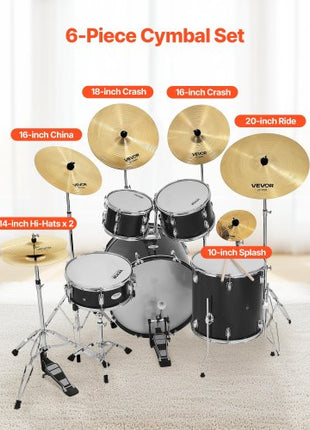 Cymbal Pack, 6 Pieces Cymbals for Drum Set, Alloy Cymbals Drum Set Includes 14-inch Hi-Hats, 16-inch Crash, 18-inch Crash, 20-inch Ride, 10-inch Splash, 16-inch China, Drumsticks & Cymbal Bag