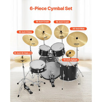 Cymbal Pack, 6 Pieces Cymbals for Drum Set, Alloy Cymbals Drum Set Includes 14-inch Hi-Hats, 16-inch Crash, 18-inch Crash, 20-inch Ride, 10-inch Splash, 16-inch China, Drumsticks & Cymbal Bag