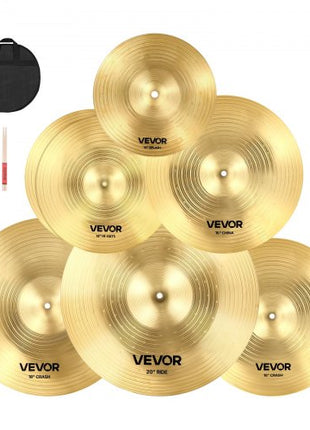 Cymbal Pack, 6 Pieces Cymbals for Drum Set, Alloy Cymbals Drum Set Includes 14-inch Hi-Hats, 16-inch Crash, 18-inch Crash, 20-inch Ride, 10-inch Splash, 16-inch China, Drumsticks & Cymbal Bag