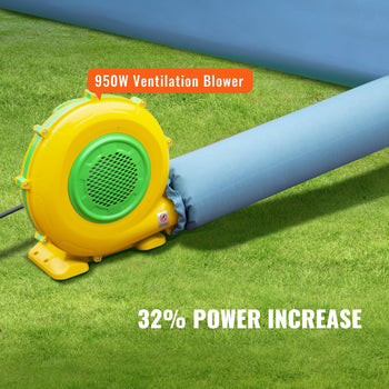 950W yellow ventilation blower with blue ducting, designed for increased airflow efficiency, perfect for outdoor use.