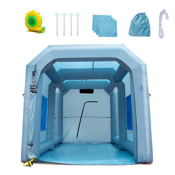 Inflatable blue tent with pump, stakes, and storage bag, perfect for outdoor events and activities.