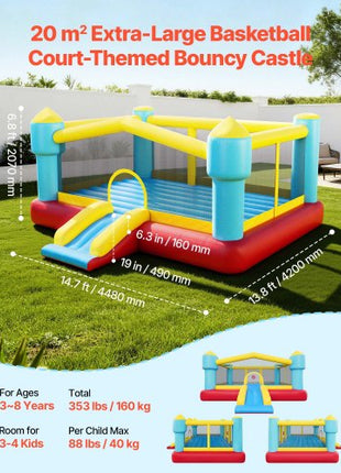 Inflatable Bounce House, 14.7 x 13.8 x 6.8 ft Jumping Bouncy Castle, Inflatable Jumper for Kids with Slide, Basketball Hoop, Target Game & Jumping Area, Jumpings House Holds 3-4 Kids (Ages 3-8)
