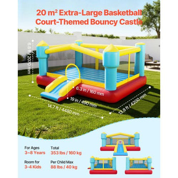 Inflatable Bounce House, 14.7 x 13.8 x 6.8 ft Jumping Bouncy Castle, Inflatable Jumper for Kids with Slide, Basketball Hoop, Target Game & Jumping Area, Jumpings House Holds 3-4 Kids (Ages 3-8)