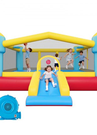 Inflatable Bounce House, 14.7 x 13.8 x 6.8 ft Jumping Bouncy Castle, Inflatable Jumper for Kids with Slide, Basketball Hoop, Target Game & Jumping Area, Jumpings House Holds 3-4 Kids (Ages 3-8)