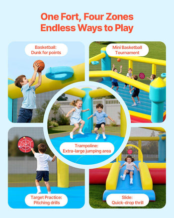 Inflatable Bounce House, 14.7 x 13.8 x 6.8 ft Jumping Bouncy Castle, Inflatable Jumper for Kids with Slide, Basketball Hoop, Target Game & Jumping Area, Jumpings House Holds 3-4 Kids (Ages 3-8)
