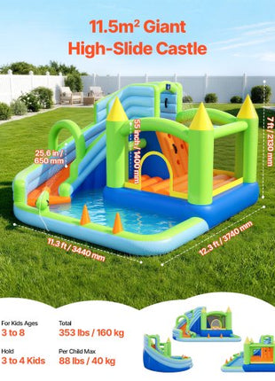 Inflatable Bounce House, 11.3 x 12.3 x 7.0 ft Inflatable Bounce House Water Slide, Bouncer Castle with Castle Bounces, Basketball Hoop, Splash Pool & Water Ring Toss, for 3 to 4 Kids Ages 3 to 8