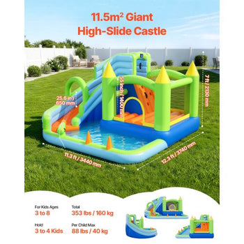 Inflatable Bounce House, 11.3 x 12.3 x 7.0 ft Inflatable Bounce House Water Slide, Bouncer Castle with Castle Bounces, Basketball Hoop, Splash Pool & Water Ring Toss, for 3 to 4 Kids Ages 3 to 8