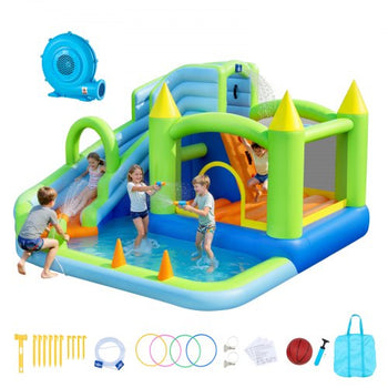 Inflatable Bounce House, 11.3 x 12.3 x 7.0 ft Inflatable Bounce House Water Slide, Bouncer Castle with Castle Bounces, Basketball Hoop, Splash Pool & Water Ring Toss, for 3 to 4 Kids Ages 3 to 8