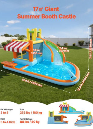 Inflatable Bounce House, 14.9 x 12.8 x 7.8 ft Inflatable Bounce House Water Slide, Bouncer Castle with Castle Bounces, Tall Slide, Splash Pool & Pretend Market Booth, for 3 to 4 Kids Ages 3 to 8