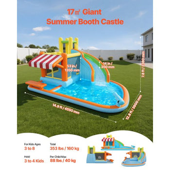 Inflatable Bounce House, 14.9 x 12.8 x 7.8 ft Inflatable Bounce House Water Slide, Bouncer Castle with Castle Bounces, Tall Slide, Splash Pool & Pretend Market Booth, for 3 to 4 Kids Ages 3 to 8