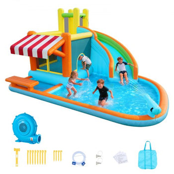 Inflatable Bounce House, 14.9 x 12.8 x 7.8 ft Inflatable Bounce House Water Slide, Bouncer Castle with Castle Bounces, Tall Slide, Splash Pool & Pretend Market Booth, for 3 to 4 Kids Ages 3 to 8