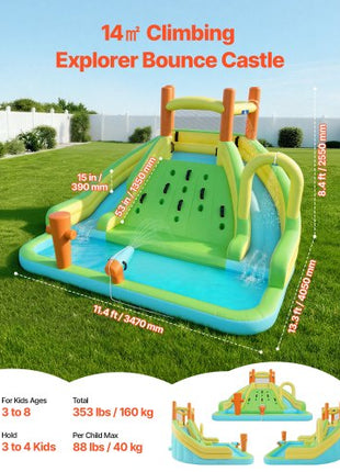 Inflatable Bounce House, 13.3 x 11.4 x 8.4 ft Inflatable Bounce House Water Slide, Bouncer Castle with Climbing Wall, Double Tall Slides, Splash Pool & Mini Soccer, for 3 to 4 Kids Ages 3 to 8