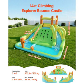 Inflatable Bounce House, 13.3 x 11.4 x 8.4 ft Inflatable Bounce House Water Slide, Bouncer Castle with Climbing Wall, Double Tall Slides, Splash Pool & Mini Soccer, for 3 to 4 Kids Ages 3 to 8