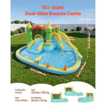 Inflatable Bounce House, 12.5 x 13.1 x 6.5 ft Inflatable Bounce House Water Slide, Bouncer Castle with Castle Bounces, Basketball Hoop, Splash Pool & Water Ring Toss, for 3 to 4 Kids Ages 3 to 8