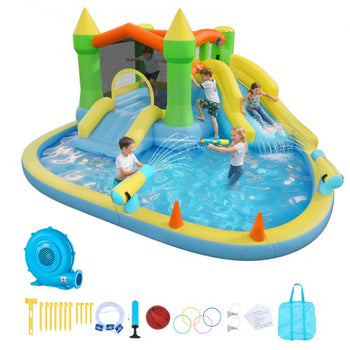 Inflatable Bounce House, 12.5 x 13.1 x 6.5 ft Inflatable Bounce House Water Slide, Bouncer Castle with Castle Bounces, Basketball Hoop, Splash Pool & Water Ring Toss, for 3 to 4 Kids Ages 3 to 8