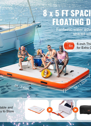 Inflatable Floating Dock, 8 x 5FT Inflatable Dock Platform, Non-Slip Water Floating Dock Mat with Portable Carrying Bag & Detachable Ladder, Floating Platform Island Raft for Pool Beach Ocean