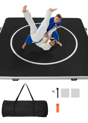 10x10 ft Wrestling Mat Inflatable, Martial Arts Thick Mat for Home Gym Exercise, PVC Foldable Training Mats with Circles and 600W Air Pump, for Gymnastics, Tatami, Jiu Jitsu BJJ MMA Judo, Black