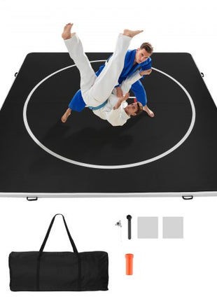 13x13 ft Wrestling Mat Inflatable, Martial Arts Thick Mat for Home Gym Exercise, PVC Foldable Training Mats with Circles and 600W Air Pump, for Gymnastics, Tatami, Jiu Jitsu BJJ MMA Judo, Black