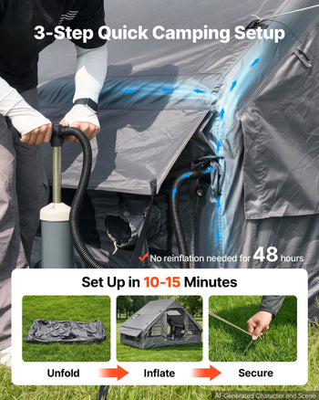 Inflatable Tent for Camping 2-4 Person Blow Up Tent with Pump Gray, for Family Outdoor Glamping, Waterproof 420D Oxford, Easy Setup Air House with Skylight, Stove Jack, Mesh Windows & Carry Bag