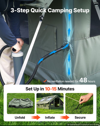 Inflatable Tent for Camping 5-8 Person Blow Up Tent with Pump Green, for Family Outdoor Glamping, Waterproof Poly-Cotton, Easy Setup Air House with Skylight, Stove Jack, Mesh Windows & Carry Bag