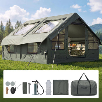 Inflatable Tent for Camping 5-8 Person Blow Up Tent with Pump Green, for Family Outdoor Glamping, Waterproof Poly-Cotton, Easy Setup Air House with Skylight, Stove Jack, Mesh Windows & Carry Bag