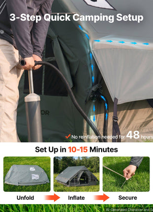 Inflatable Tent for Camping 5-8 Person Blow Up Tent with Hand Pump, for Family Outdoor Glamping, Waterproof 420D Oxford, Easy Setup Air House with Skylight, Stove Jack, Mesh Windows & Carry Bag