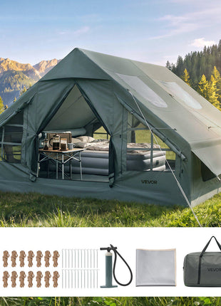 Inflatable Tent for Camping 5-8 Person Blow Up Tent with Hand Pump, for Family Outdoor Glamping, Waterproof 420D Oxford, Easy Setup Air House with Skylight, Stove Jack, Mesh Windows & Carry Bag