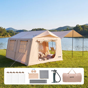 Inflatable Tent for Camping 5-8 Person Blow Up Tent with Pump Beige, for Family Outdoor Glamping, Waterproof 420D Oxford, Easy Setup Air House with Skylight, Canopy, Stove Jack & Mesh Windows