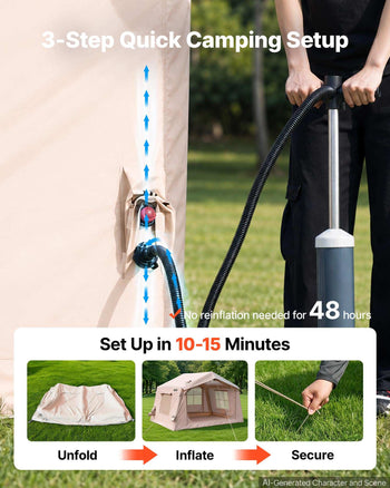 Inflatable Tent for Camping 2-4 Person Blow Up Tent with Pump Beige, for Family Outdoor Glamping, Waterproof 420D Oxford, Easy Setup Air House with Skylight, Stove Jack, Mesh Windows & Carry Bag