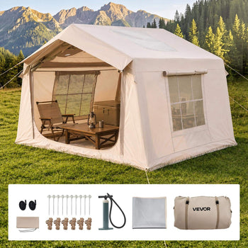 Inflatable Tent for Camping 2-4 Person Blow Up Tent with Pump Beige, for Family Outdoor Glamping, Waterproof 420D Oxford, Easy Setup Air House with Skylight, Stove Jack, Mesh Windows & Carry Bag