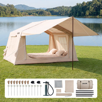 Inflatable Tent for Camping 2-4 Person Blow Up Tent with Hand Pump, for Family Outdoor Glamping, Waterproof 420D Oxford, Easy Setup Air House with Skylight, Canopy, Stove Jack & Mesh Windows