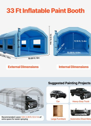 Inflatable Paint Booth, 32.81 x 19.69 x 13.12 ft, Inflatable Spray Booth with 950W and 1100W Blowers and Air Filter System, Round Roof, for Painting Car, Truck, Furniture, Automotive Sheet Metal