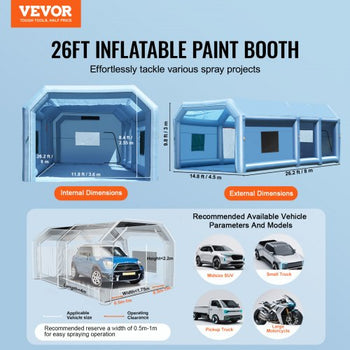 Inflatable Paint Booth, 26.2 x 14.8 x 9.8 ft Inflatable Spray Booth, Portable Car Paint Booth for Small Truck, with 950W+750W Powerful Blowers and Air Filter System, Large Motorcycle, Midsize SU