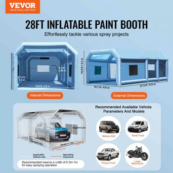Inflatable Paint Booth, 27.9 x 15.7 x 10.8 ft Inflatable Spray Booth, Portable Car Paint Booth for Small Truck, with 950W+750W Powerful Blowers and Air Filter System, Large Motorcycle, Midsize S