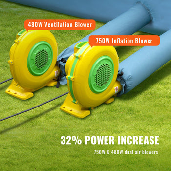 Yellow dual air blowers with green grilles on blue inflatable tubing, highlighting a 32% power increase, for ventilation and inflation.