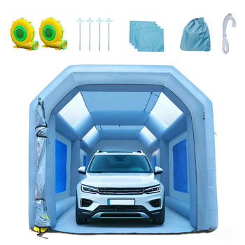 Inflatable car garage in light blue with electric blowers, stakes, and carrying bag, ideal for vehicle protection.