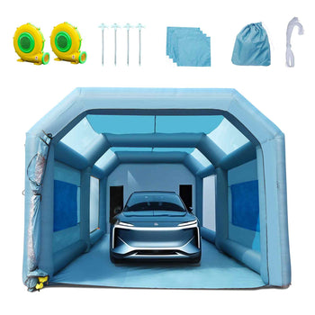 Inflatable garage in light blue, includes two blowers, stakes, and storage bag; perfect for car protection.