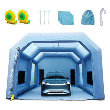 Blue inflatable car tent with two blowers, stakes, storage bag, and protective cover. Perfect for outdoor car displays.