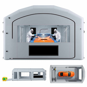 Inflatable Paint Booth, 26 x 15 x 10 ft, Portable Spray Booth with 750W+950W Blowers, Large Filter Cotton, Changing Area, Arched Roof Painting Tent for Mid-Size Pickup, Large Furniture, Gray