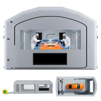 Inflatable Paint Booth, 28 x 15 x 10 ft, Portable Spray Booth with 750W+950W Blowers, Large Filter Cotton, Changing Area, Arched Roof Painting Tent for Mid-Size Pickup, Large Furniture, Gray