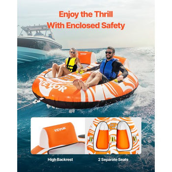 Towable Tubes for Boating 2 Person, Inflatable Boat Tubes and Towables with 2 Cockpits, 340lbs Water Sport Tubes for Boat to Pull - with 840D Full Nylon Cover, Padded Grab Handles & Safety Valve
