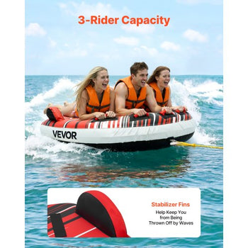 Towable Tube for Boating, 3 Riders Inflatable Boat Tubes and Towables, 510 lbs Capacity Water Sport Towable Tube for Boat to Pull - with Fins, Full Nylon Cover, Padded Handles & Safety Valve
