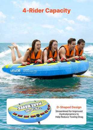 Towable Tube for Boating, 4 Riders Inflatable Boat Tubes and Towables, 680 lbs Capacity Water Sport Towable Tube for Boat to Pull - with Fins, Full Nylon Cover, Padded Handles & Safety Valve