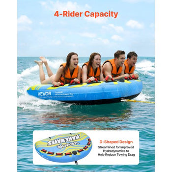 Towable Tube for Boating, 4 Riders Inflatable Boat Tubes and Towables, 680 lbs Capacity Water Sport Towable Tube for Boat to Pull - with Fins, Full Nylon Cover, Padded Handles & Safety Valve