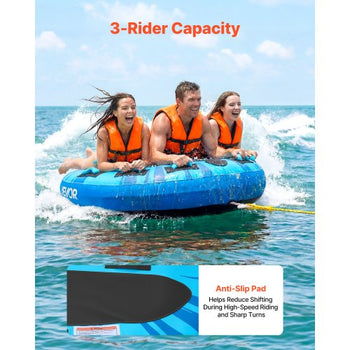 Towable Tubes for Boating, 3-Rider Inflatable Boat Tubes and Towables, 510lbs Capacity Water Sport Tube for Boat to Pull - with Anti-Slip Pad, Full Nylon Cover, Padded Handles & Safety Valve