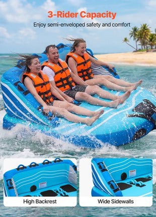 Towable Tubes for Boating, 3-Rider Inflatable Towable Tube for Boat to Pull, 510 lbs Capacity Water Sports Boating Tubes - with Full Nylon Cover, Dual Tow Points, Safety Valve & Padded Handles
